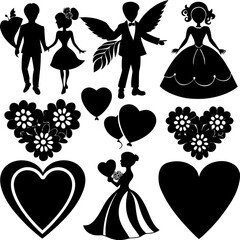 Valentine's Day Silhouette Vector,   Romantic Silhouette Vector,  Happy Valentine's day vector,  Valentines Day icon set, black silhouette style. Love, romance, wedding collection