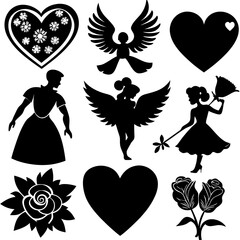 Valentine's Day Silhouette Vector,   Romantic Silhouette Vector,  Happy Valentine's day vector,  Valentines Day icon set, black silhouette style. Love, romance, wedding collection