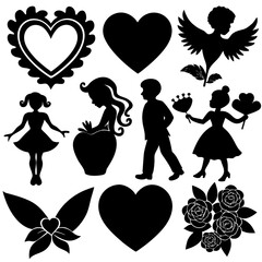 Valentine's Day Silhouette Vector,   Romantic Silhouette Vector,  Happy Valentine's day vector,  Valentines Day icon set, black silhouette style. Love, romance, wedding collection