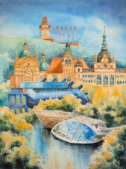 Austria, Graz. City skyline, architecture, buildings, streets, silhouette, landscape. Graz architecture collected in one illustration. Picture painted with watercolors.