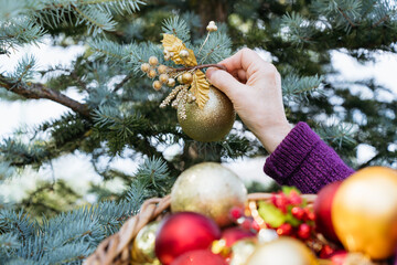 Hand decorating an outdoor Christmas tree with a golden ornament and festive baubles.