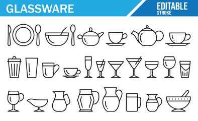Minimal Glassware Icons — Tableware & Drinkware in Editable Stroke