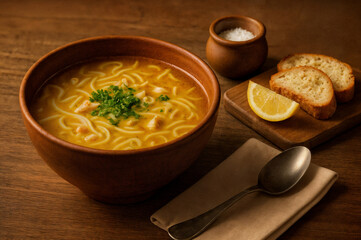 Rustic chicken noodle soup in clay bowl with bread and lemon slice
