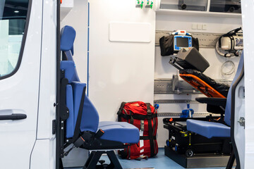 Ambulance, inside the ambulance there are medical life-saving equipment and equipment to help transport to the hospital.