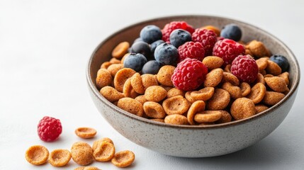 Flat lay mini pancakes cereal in bowl with syrup and fresh berries on white background