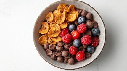 Flat lay mini pancakes cereal in bowl with syrup and fresh berries on white background