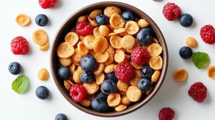 Flat lay mini pancakes cereal in bowl with syrup and fresh berries on white background