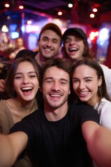 Group of diverse young adults smiling and posing for a selfie in a vibrant social setting, capturing joyful moments and friendships in a lively atmosphere