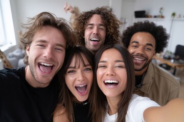 Fototapeta premium Group of diverse friends smiling and posing for a selfie in a bright, modern living room, showcasing joy and camaraderie in a lively social atmosphere