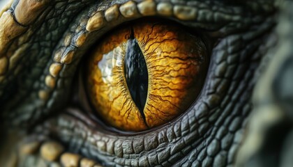 Terrifying Closeup Of Dinosaur'S Horrible Yellow Eye: Hunter'S Stare Into The Gaze Of A Terrifying Dinosaur With Yellow Eye.