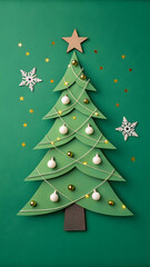 Minimalist Geometric Christmas Tree with Ornaments and Snowflakes on Green Background