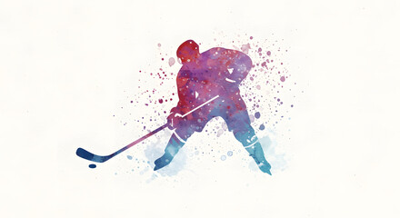 A dynamic watercolor illustration of a hockey player's Slap shot, perfect for team posters, game day announcements, and sports-related marketing.