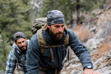 Two men, one with a backpack and the other in a plaid shirt, are climbing a rocky mountain trail, showcasing determination and teamwork in an outdoor adventure setting