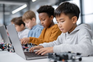Fototapeta premium Young boys engaged in robotics workshop, focused on laptops while building with colorful blocks, showcasing creativity and teamwork in a modern learning environment