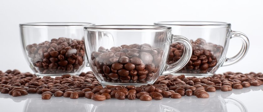 Three glass cups filled with roasted coffee beans on white background, symbolizing aroma, cafe culture and fresh beverage