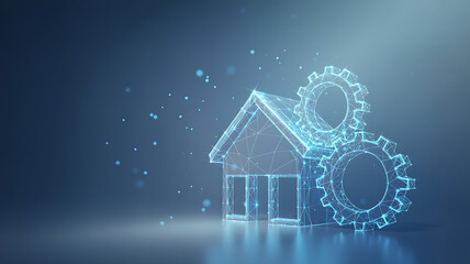 Futuristic digital house and gear network on blue background