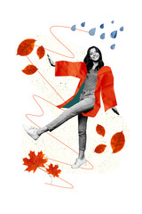 Composite trend artwork image collage of autumn season fall weather leaves rain drops outdoors...