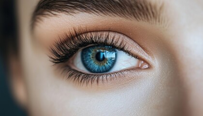 Fototapeta premium Stunning Macro Photography Of A Woman'S Eye With Dramatic Long Lashes Makeup And Eyebrow Lamination. Rejection Of Traditional Cosmetics. Magnificent Close-Up Fashion Look.