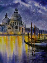Venetian night lights watercolor landscape. A canal with gondolas and Basilica Santa Maria Della Salute in background.