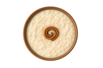 Creamy rice pudding dessert with cinnamon stick isolated on transparent background