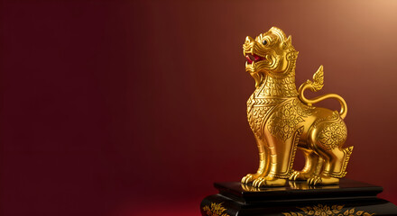 Thai Singha Lion Statue on Lacquered Wood with Copy Space