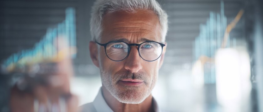 Confident senior businessman in glasses analyzing data and financial charts on transparent screen, symbolizing strategy, innovation and corporate leadership