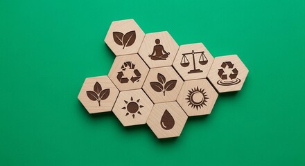Hexagonal wooden tiles with environmental icons arranged on a green background, symbolizing sustainability and ecological balance.