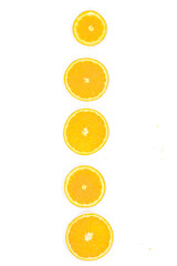 Top View of Sliced Valencia Oranges Arranged in a Vertical Line on a White Background
