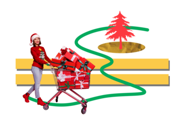 Composite photo collage of happy girl ride new year shopping present trolley way xmas tree celebration isolated on painted background