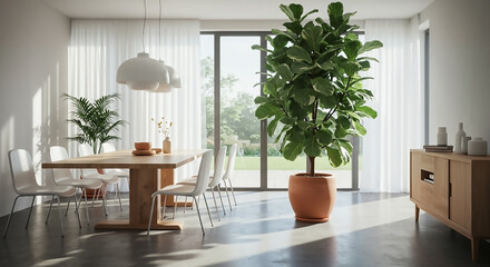 Serene Dining Room Enhanced by Air-Purifying Indoor Plant, Natural Wood Table and Contemporary Decor