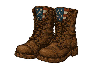 Vintage military boots illustration with detailed leather texture and patriotic star striped flag design concept artwork isolated on white background