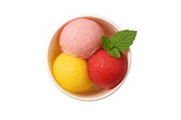 Three vibrant ice cream scoops with mint leaf, isolated on transparent background.