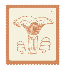 Hand-drawn mushroom postage stamp illustration with Chanterelle mushrooms. Perfect for packaging, kitchen decor, branding, labels, posters, and botanical projects.