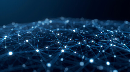Abstract digital network background with connected white dots and lines forming a polygonal mesh structure on a dark blue gradient background, futuristic technology style,