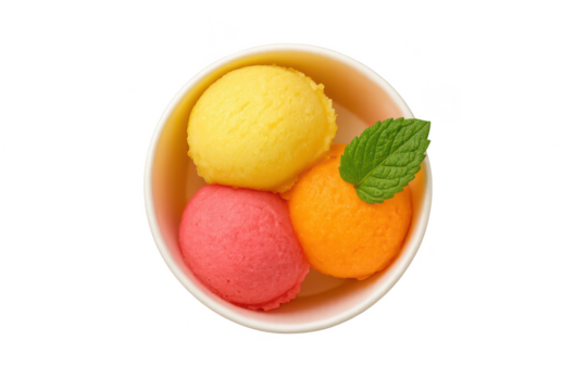 Three colorful scoops of ice cream in bowl, isolated on transparent background.