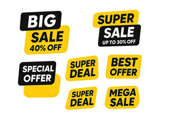 Big sale special offer labels with yellow and black promotional discount stickers for advertising marketing deals and shopping design isolated on white background