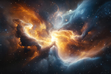 A dramatic cosmic scene illustrates two galaxies merging with bright bursts of light and color. This galactic collision showcases the awe-inspiring wonders of the universe.