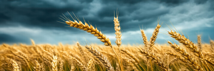 Wheat stalks sway against a brooding stormy sky, exuding drama and power. The scene captures nature's struggle and resilience, set against ominous dark clouds.