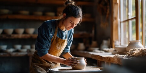 Young woman, a skilled potter wearing an apron, is shaping clay on a pottery wheel in a rustic workshop, surrounded by handmade pottery and natural light, showcasing artistic craftsmanship