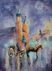 Old town, Kracow, Poland at night with chaise and Mariacki Church in background. Picture created with watercolors.