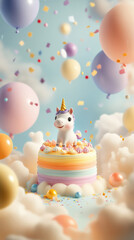 A baby unicorn with sparkling eyes stands joyfully by a giant rainbow cake. The scene set in a dreamy cotton-candy sky exudes a whimsical, fairytale charm.