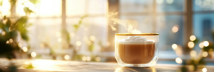 A cappuccino elegantly presented in a glass cup with a golden rim, casting a warm glow. The creamy froth swirls artistically, set against a pastoral, blurred cafe backdrop near expansive windows.