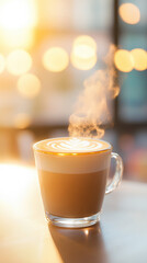 A cappuccino in a transparent glass cup with a golden rim sits elegantly. The frothy cream swirls and gentle steam create an inviting scene against a soft, pastel cafe backdrop.