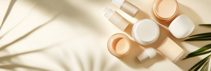 A sophisticated skincare product arrangement features sleek bottles and minimalist jars on a neutral beige background. This chic flat-lay showcases elegant beauty products with a modern design.