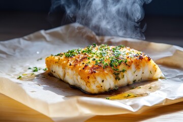 A steaming herb-crusted baked cod glistens with olive oil and fresh herbs. This aromatic fish dish is beautifully laid on parchment, showcasing a delightful blend of flavors and textures.
