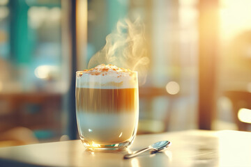 A latte macchiato delicately layers cream and espresso in a tall glass. Thin trails of steam rise gracefully, set against a softly blurred cafe backdrop with pastel tones and large windows.