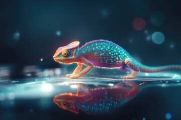 A neon chameleon with electric blue and magenta hues perches on a glossy surface. The scene exudes a futuristic, cyberpunk ambiance with glowing mist enhancing its surreal charm.