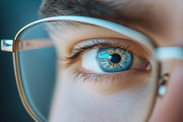 A striking macro shot showcases a man's eye through thin metal-frame glasses. The deep blue iris captivates with its vivid color and detail, blending optical elegance and visual focus.