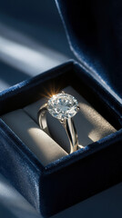 A breathtaking engagement ring sparkles with a large, brilliant diamond. Set on a sleek platinum band, it nestles in a luxurious navy velvet box, embodying elegance and timeless romance.