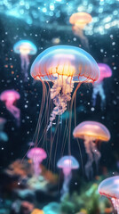 A surreal underwater realm with glowing jellyfish. Their vibrant tendrils pulse amidst radiant fish and coral, creating a magical and immersive fantasy in the shimmering abyss.